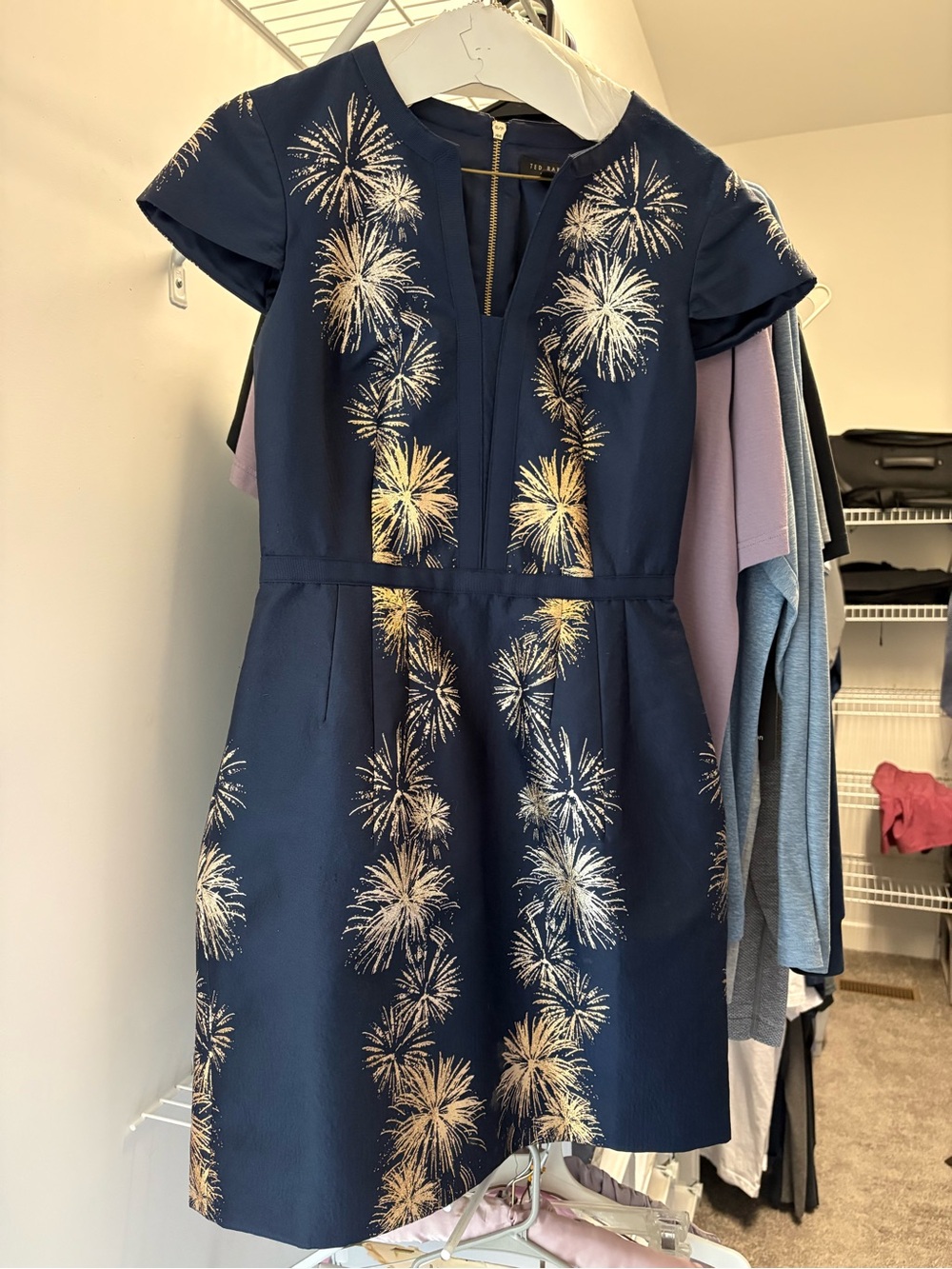 Ted Baker Navy Dress with Metallic Gold firework Accents